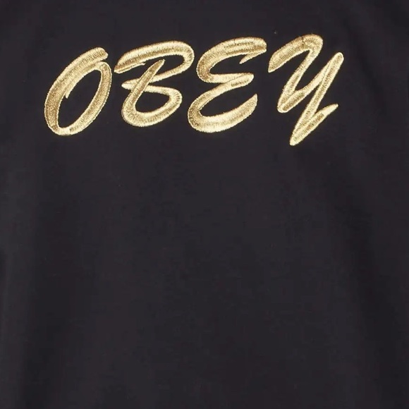 OBEY EMBROIDERED GOLD THREAD BLACK CREW NECK OVERSIZED GRAPHIC SWEATSHIRT M - Picture 4 of 8